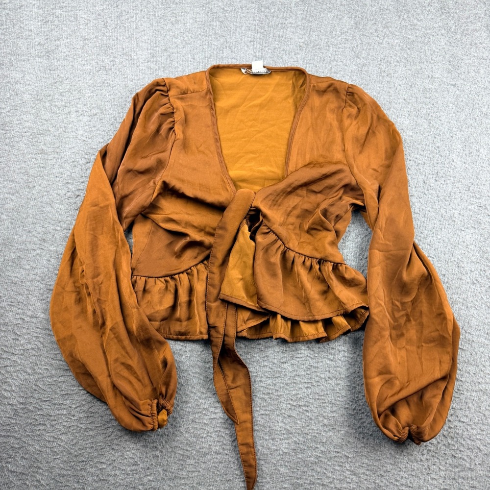 American Eagle Women's XS Rust Brown Tie Front Peplum Blouse Puff Sleeve Cropped